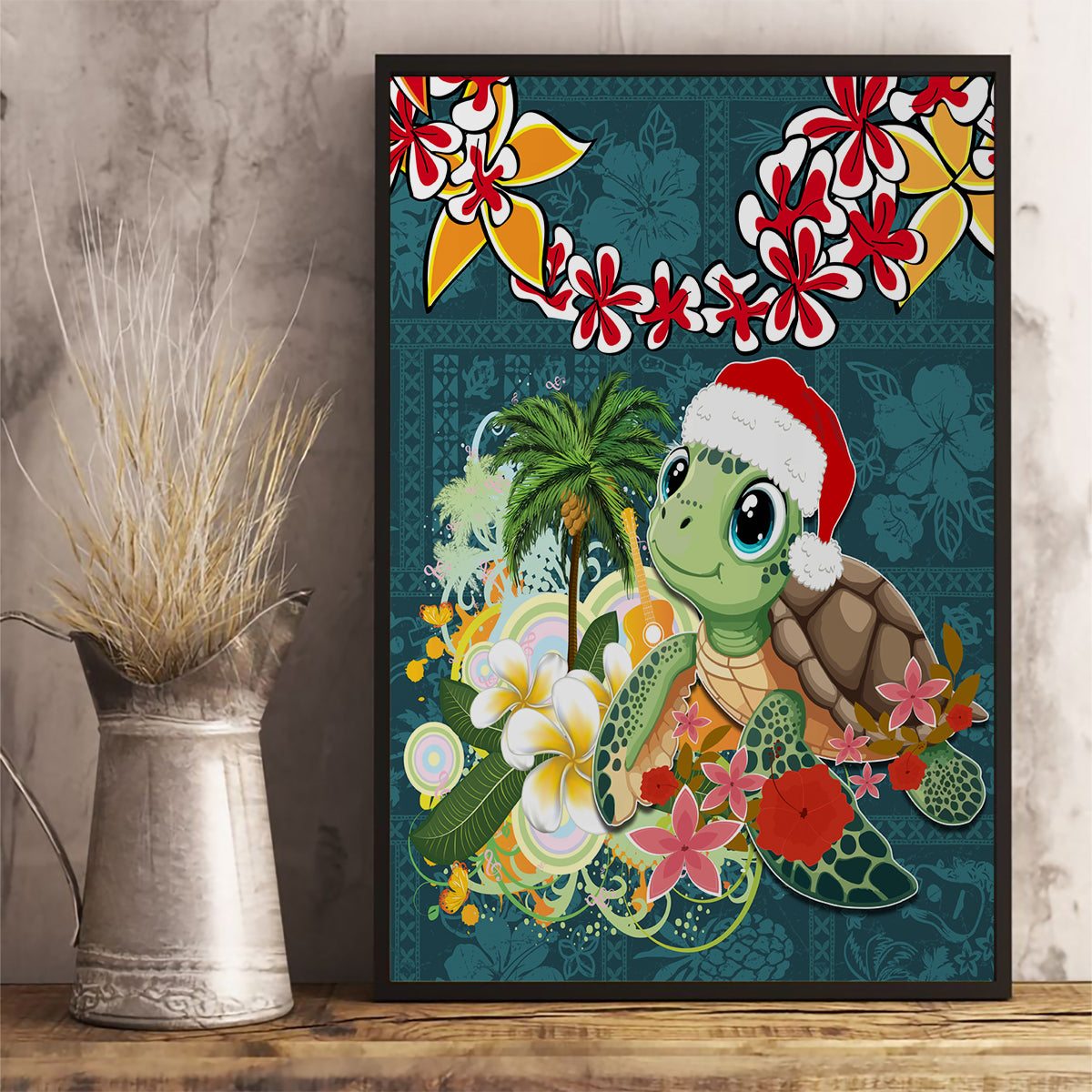 Hawaii Honu Mele Kalikimaka Canvas Wall Art Santa Tropical Flower Aloha Summer Turquoise Version LT03 - Polynesian Pride