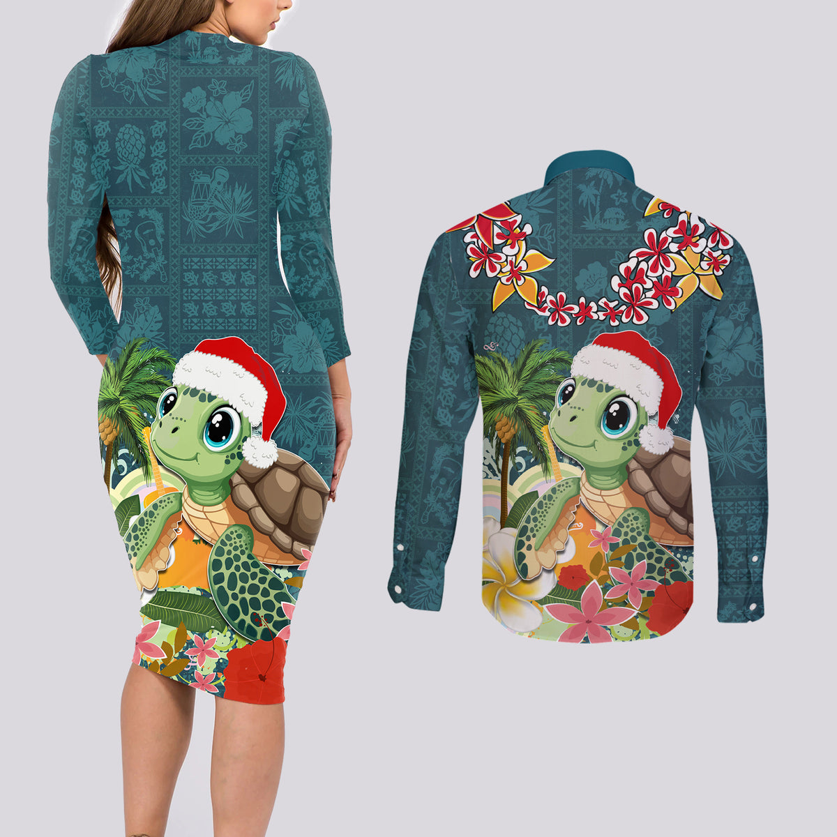 Hawaii Honu Mele Kalikimaka Couples Matching Long Sleeve Bodycon Dress and Long Sleeve Button Shirt Santa Tropical Flower Aloha Summer Turquoise Version LT03 - Polynesian Pride