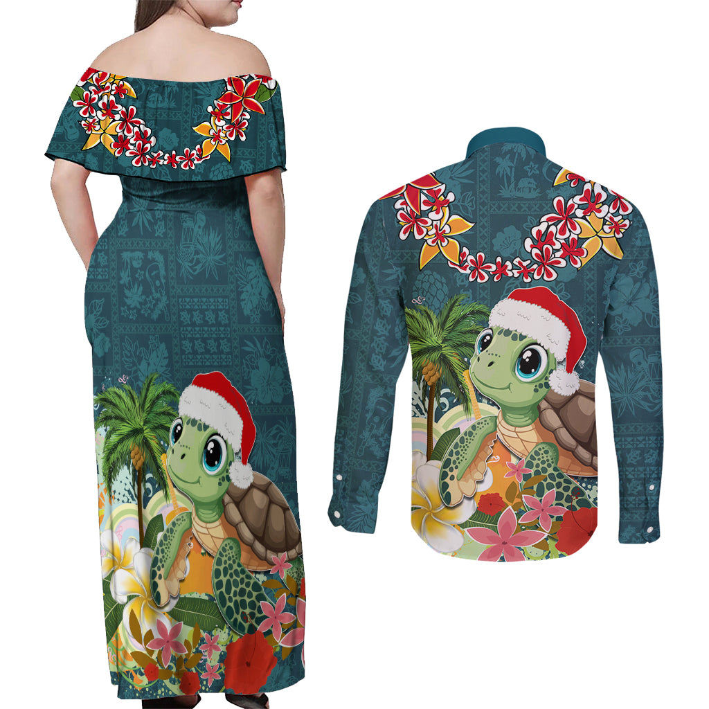 Hawaii Honu Mele Kalikimaka Couples Matching Off Shoulder Maxi Dress and Long Sleeve Button Shirt Santa Tropical Flower Aloha Summer Turquoise Version LT03 - Polynesian Pride