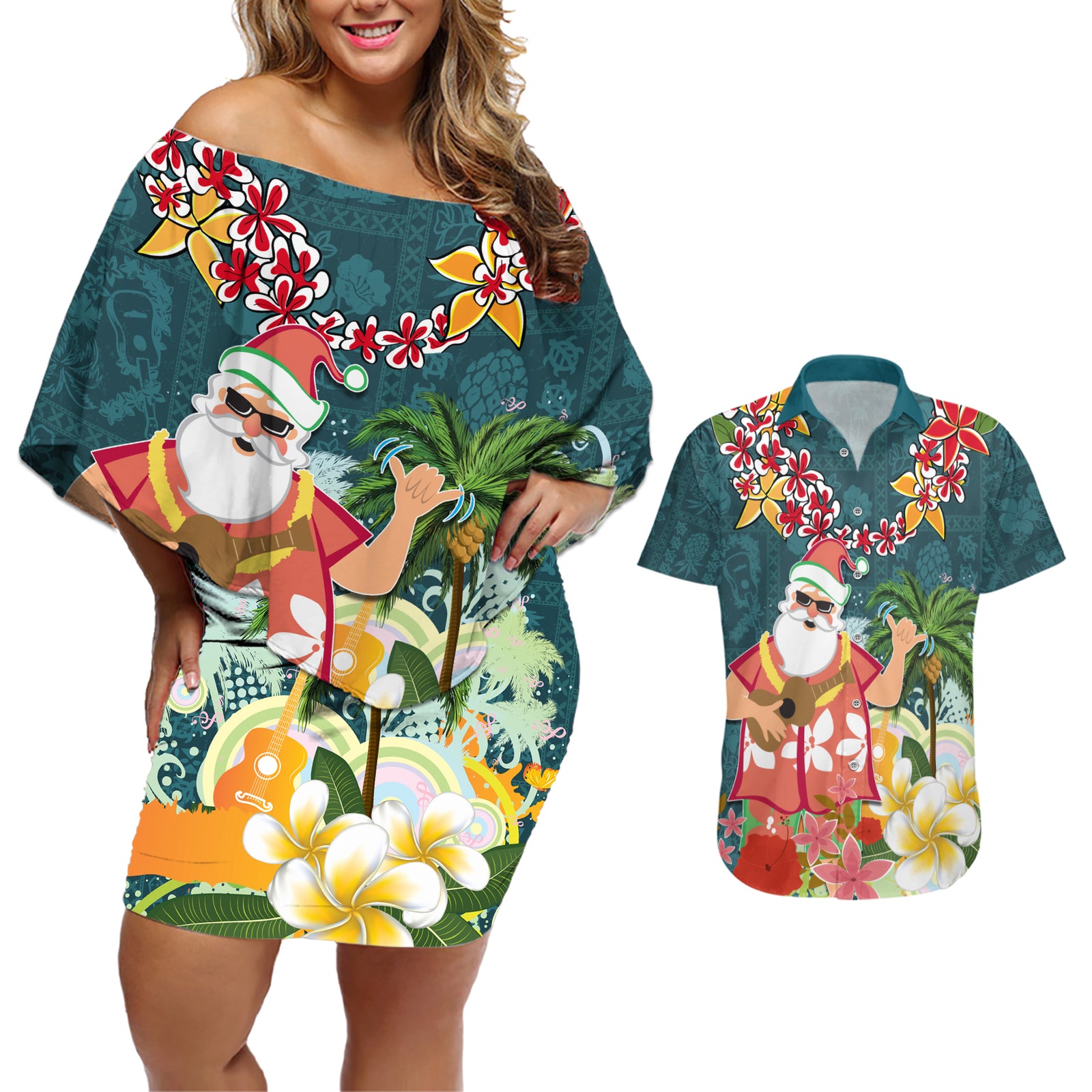 Hawaii Honu Mele Kalikimaka Couples Matching Off Shoulder Short Dress and Hawaiian Shirt Santa Tropical Flower Aloha Summer Turquoise Version LT03 Turquoise - Polynesian Pride
