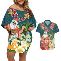 Hawaii Honu Mele Kalikimaka Couples Matching Off Shoulder Short Dress and Hawaiian Shirt Santa Tropical Flower Aloha Summer Turquoise Version LT03 Turquoise - Polynesian Pride