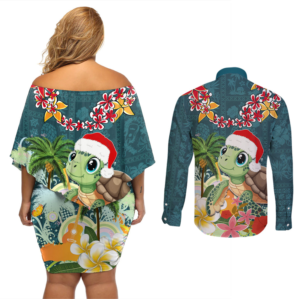 Hawaii Honu Mele Kalikimaka Couples Matching Off Shoulder Short Dress and Long Sleeve Button Shirt Santa Tropical Flower Aloha Summer Turquoise Version LT03 - Polynesian Pride