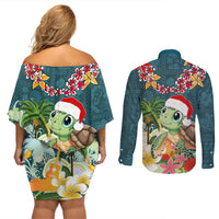 Hawaii Honu Mele Kalikimaka Couples Matching Off Shoulder Short Dress and Long Sleeve Button Shirt Santa Tropical Flower Aloha Summer Turquoise Version LT03 - Polynesian Pride