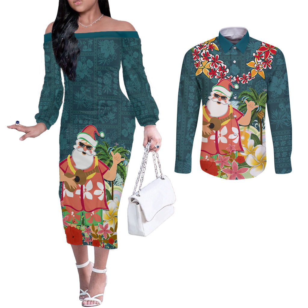 Hawaii Honu Mele Kalikimaka Couples Matching Off The Shoulder Long Sleeve Dress and Long Sleeve Button Shirt Santa Tropical Flower Aloha Summer Turquoise Version LT03 Turquoise - Polynesian Pride