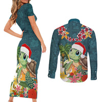 Hawaii Honu Mele Kalikimaka Couples Matching Short Sleeve Bodycon Dress and Long Sleeve Button Shirt Santa Tropical Flower Aloha Summer Turquoise Version LT03 - Polynesian Pride