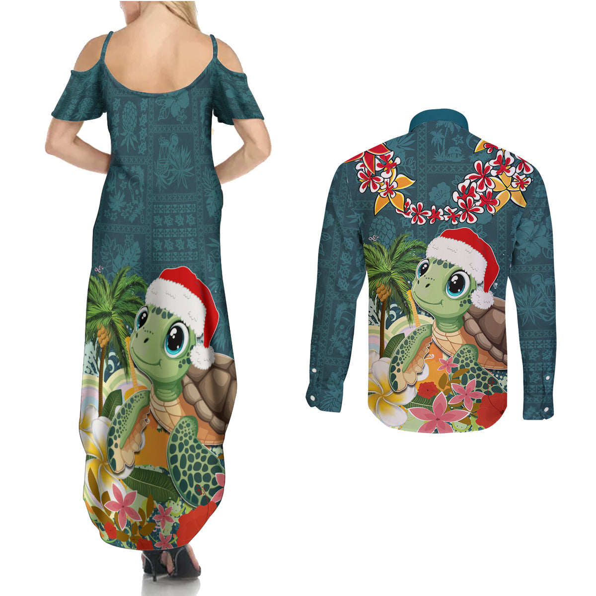 Hawaii Honu Mele Kalikimaka Couples Matching Summer Maxi Dress and Long Sleeve Button Shirt Santa Tropical Flower Aloha Summer Turquoise Version LT03 - Polynesian Pride