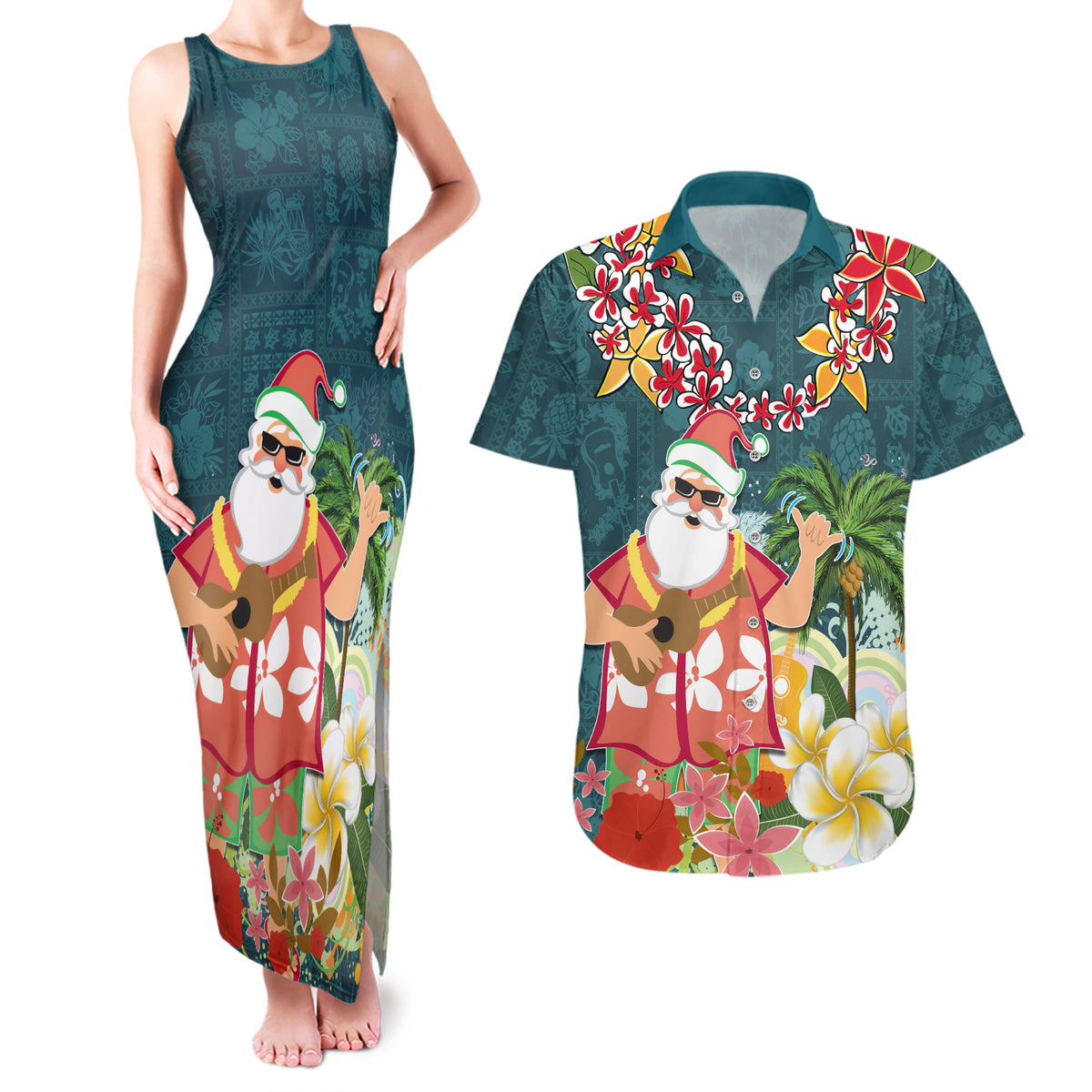 Hawaii Honu Mele Kalikimaka Couples Matching Tank Maxi Dress and Hawaiian Shirt Santa Tropical Flower Aloha Summer Turquoise Version LT03 Turquoise - Polynesian Pride
