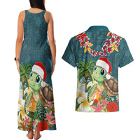 Hawaii Honu Mele Kalikimaka Couples Matching Tank Maxi Dress and Hawaiian Shirt Santa Tropical Flower Aloha Summer Turquoise Version LT03 - Polynesian Pride