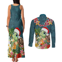 Hawaii Honu Mele Kalikimaka Couples Matching Tank Maxi Dress and Long Sleeve Button Shirt Santa Tropical Flower Aloha Summer Turquoise Version LT03 - Polynesian Pride