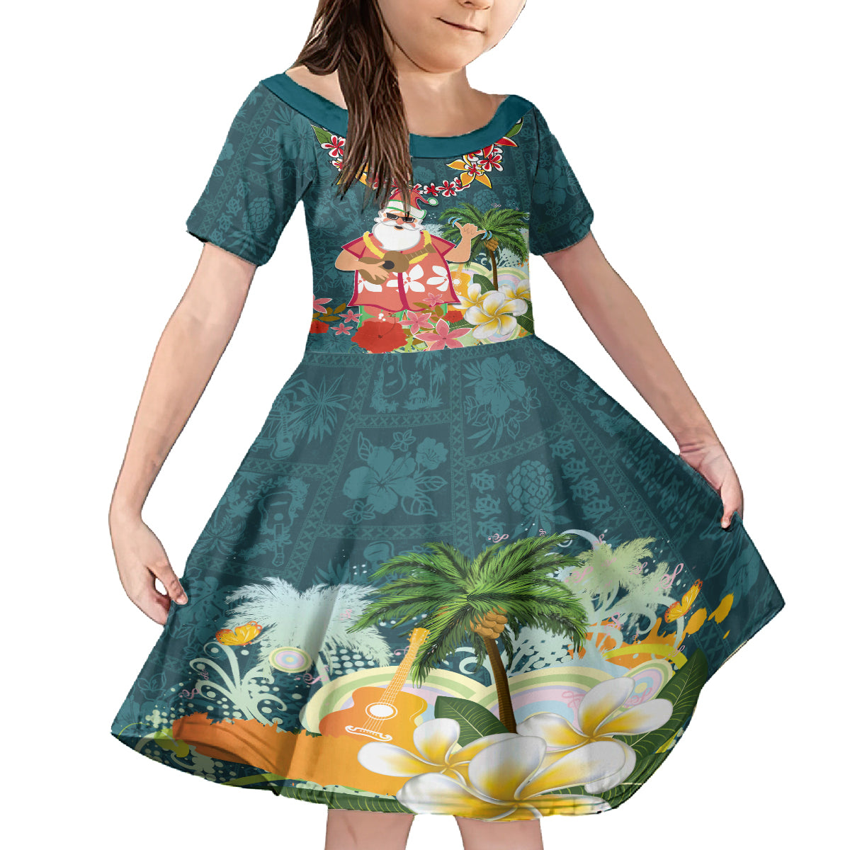 Hawaii Honu Mele Kalikimaka Family Matching Off Shoulder Maxi Dress and Hawaiian Shirt Santa Tropical Flower Aloha Summer Turquoise Version LT03 Daughter's Dress Turquoise - Polynesian Pride