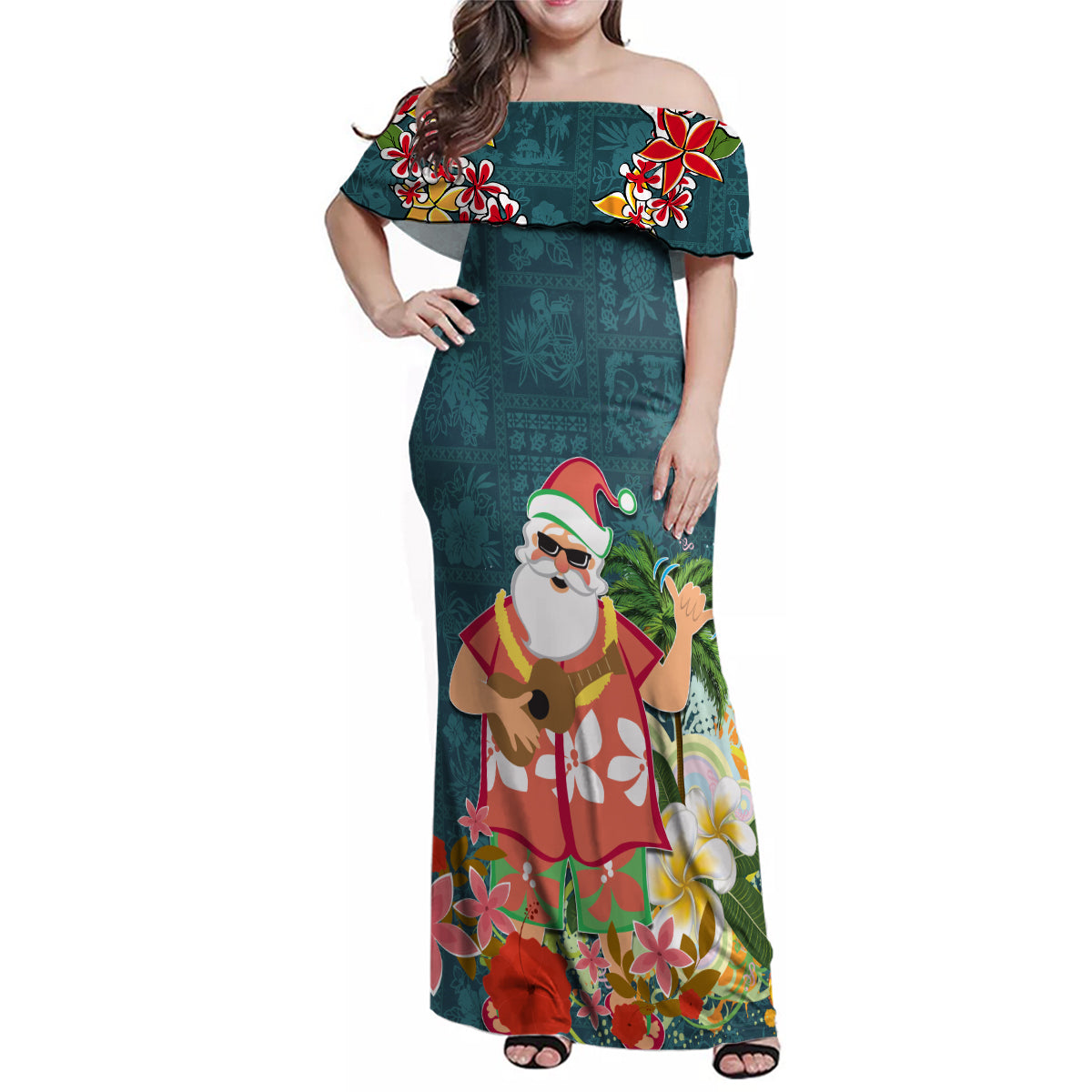 Hawaii Honu Mele Kalikimaka Family Matching Off Shoulder Maxi Dress and Hawaiian Shirt Santa Tropical Flower Aloha Summer Turquoise Version LT03 Mom's Dress Turquoise - Polynesian Pride