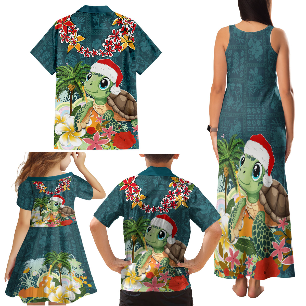 Hawaii Honu Mele Kalikimaka Family Matching Tank Maxi Dress and Hawaiian Shirt Santa Tropical Flower Aloha Summer Turquoise Version LT03 - Polynesian Pride