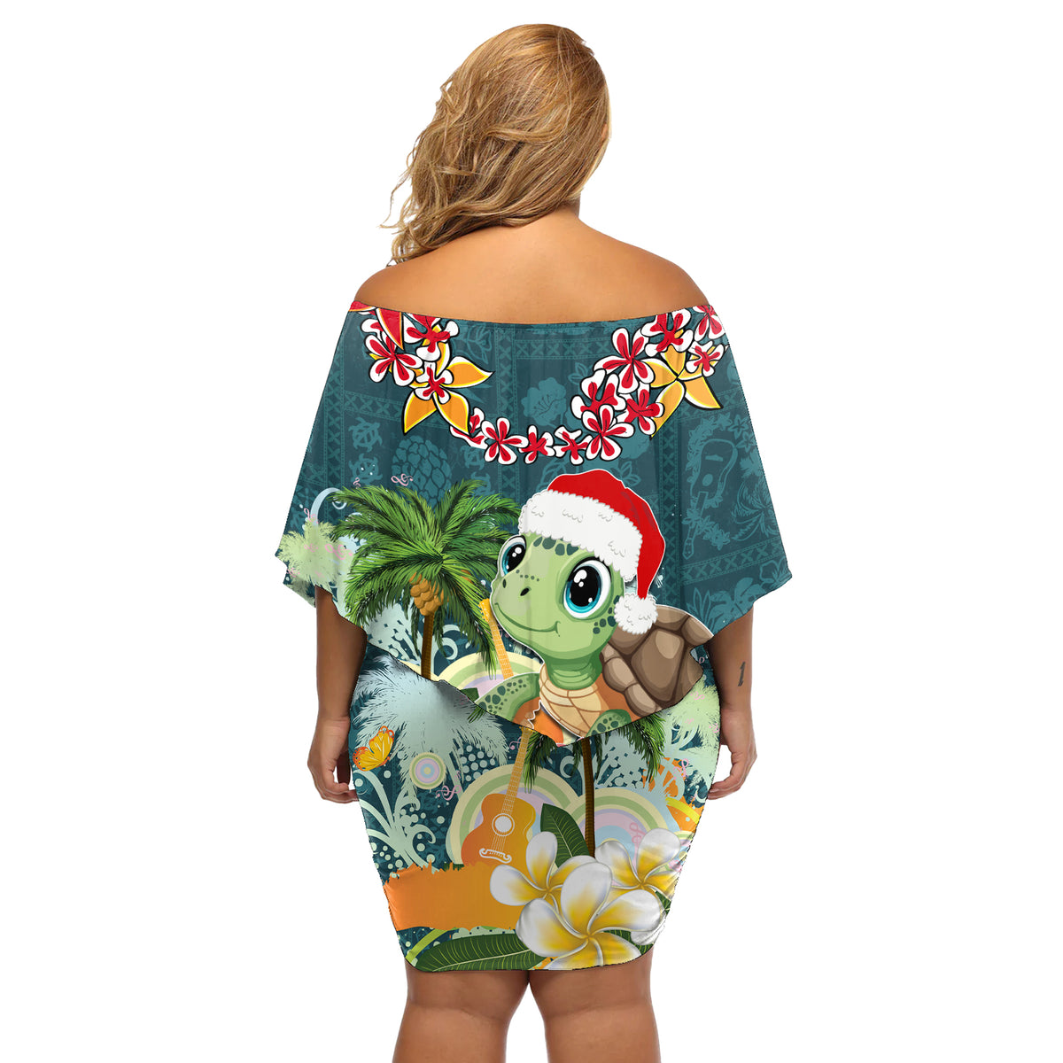 Hawaii Honu Mele Kalikimaka Off Shoulder Short Dress Santa Tropical Flower Aloha Summer Turquoise Version LT03 - Polynesian Pride