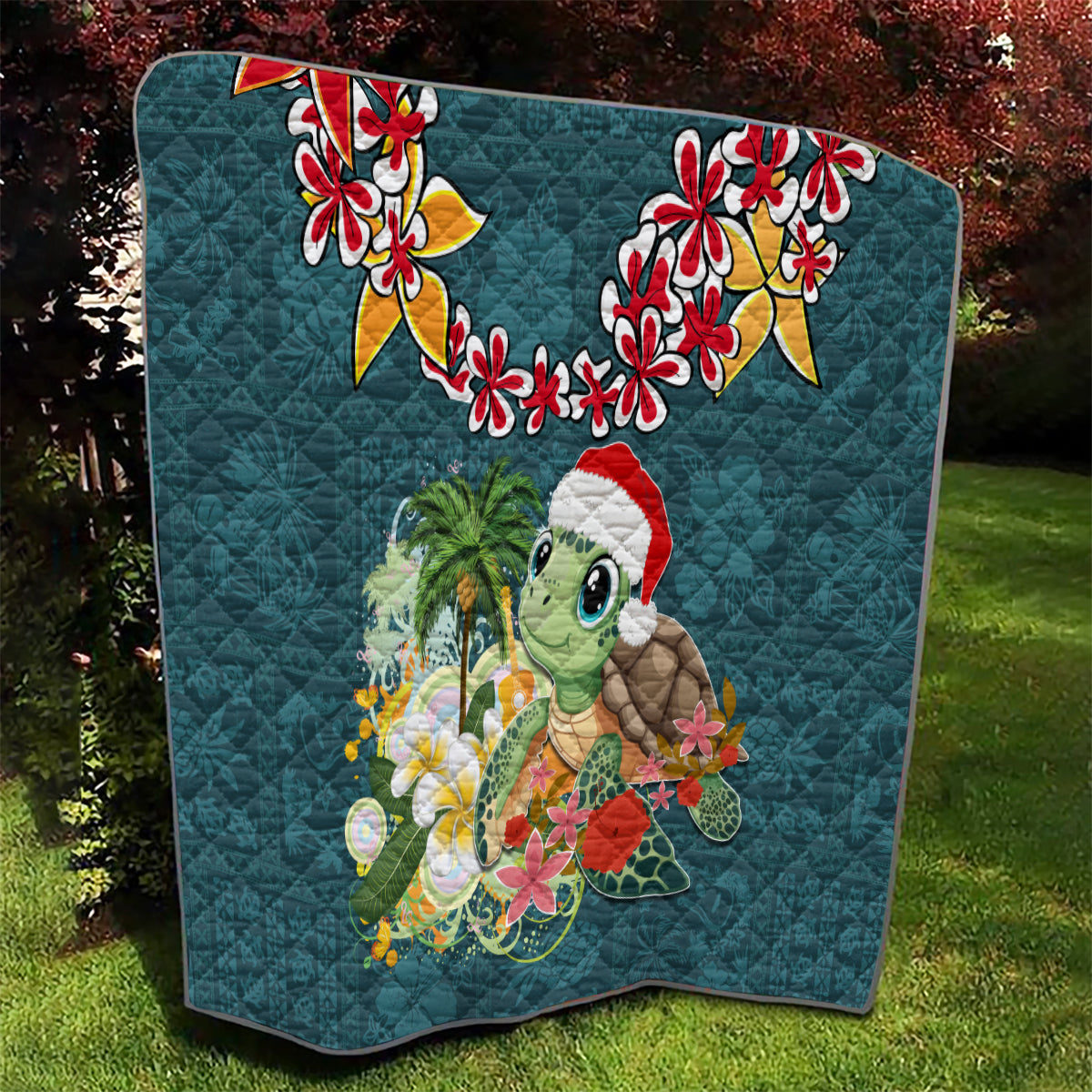 Hawaii Honu Mele Kalikimaka Quilt Santa Tropical Flower Aloha Summer Turquoise Version LT03 - Polynesian Pride