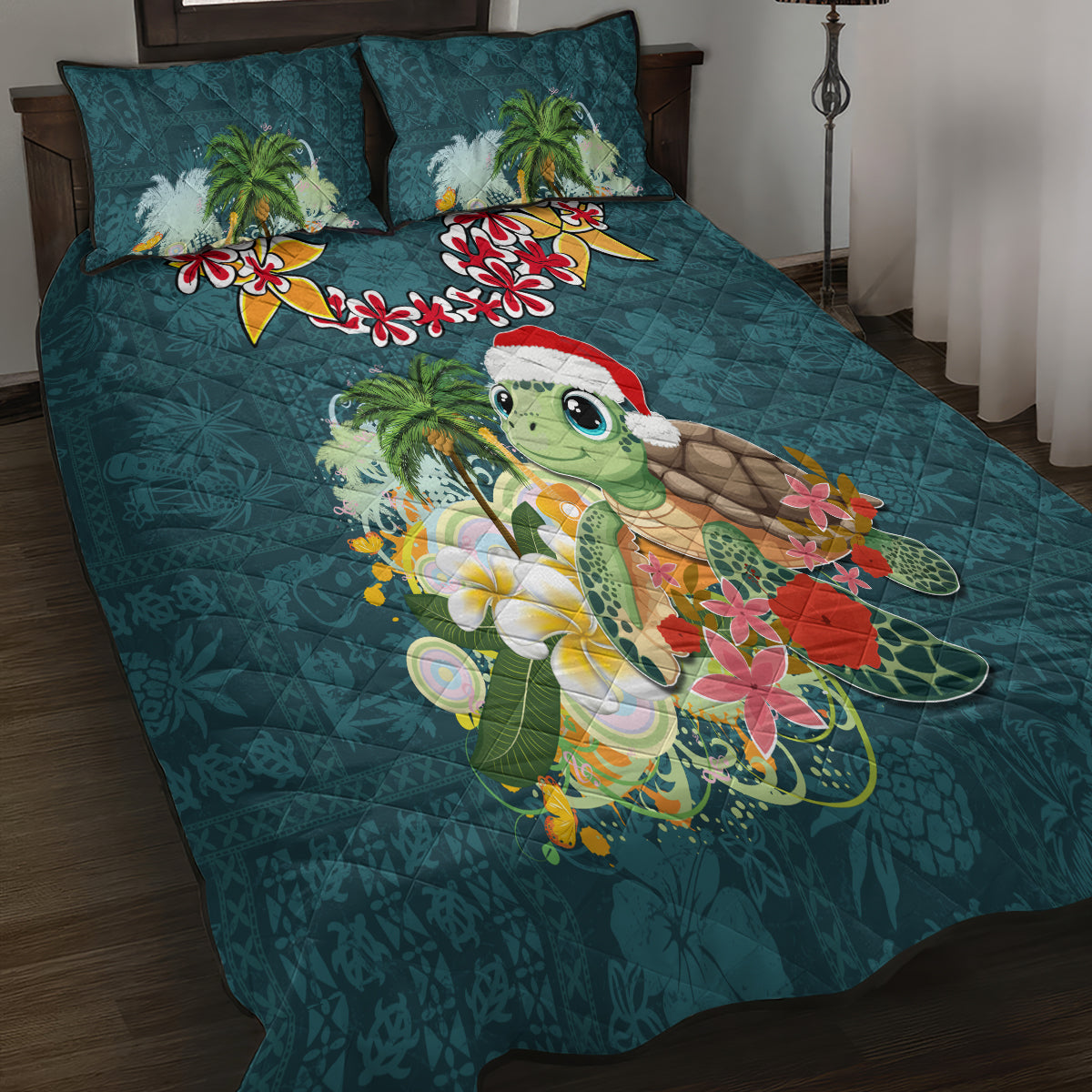 Hawaii Honu Mele Kalikimaka Quilt Bed Set Santa Tropical Flower Aloha Summer Turquoise Version LT03 - Polynesian Pride