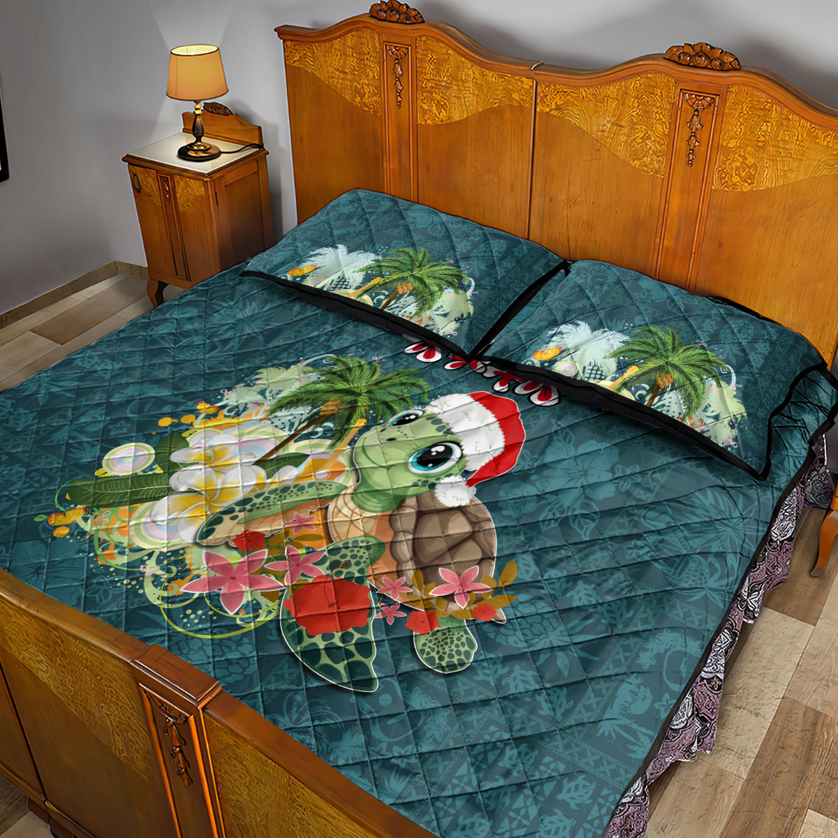 Hawaii Honu Mele Kalikimaka Quilt Bed Set Santa Tropical Flower Aloha Summer Turquoise Version LT03 - Polynesian Pride
