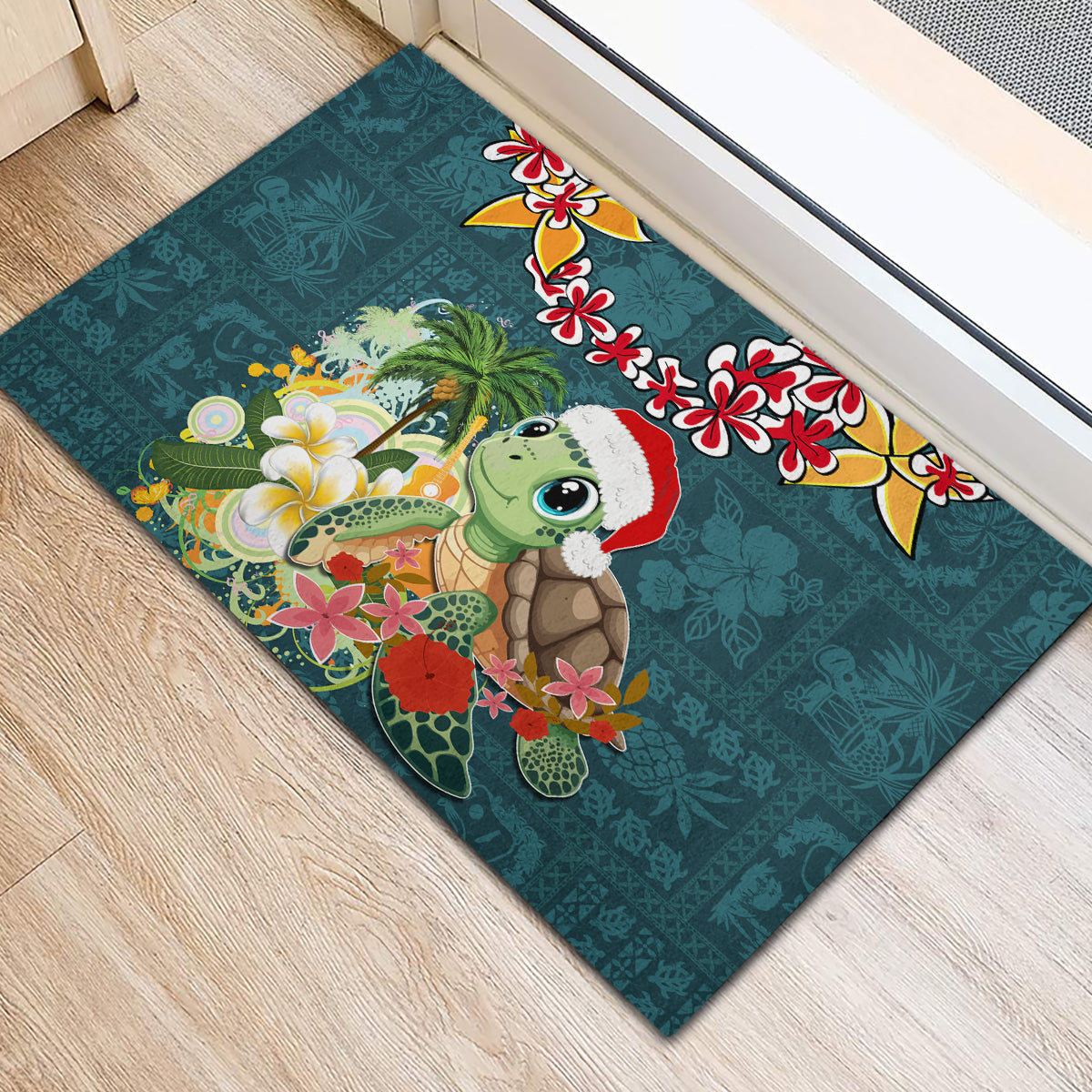 Hawaii Honu Mele Kalikimaka Rubber Doormat Santa Tropical Flower Aloha Summer Turquoise Version LT03 - Polynesian Pride