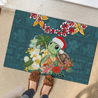 Hawaii Honu Mele Kalikimaka Rubber Doormat Santa Tropical Flower Aloha Summer Turquoise Version LT03 - Polynesian Pride