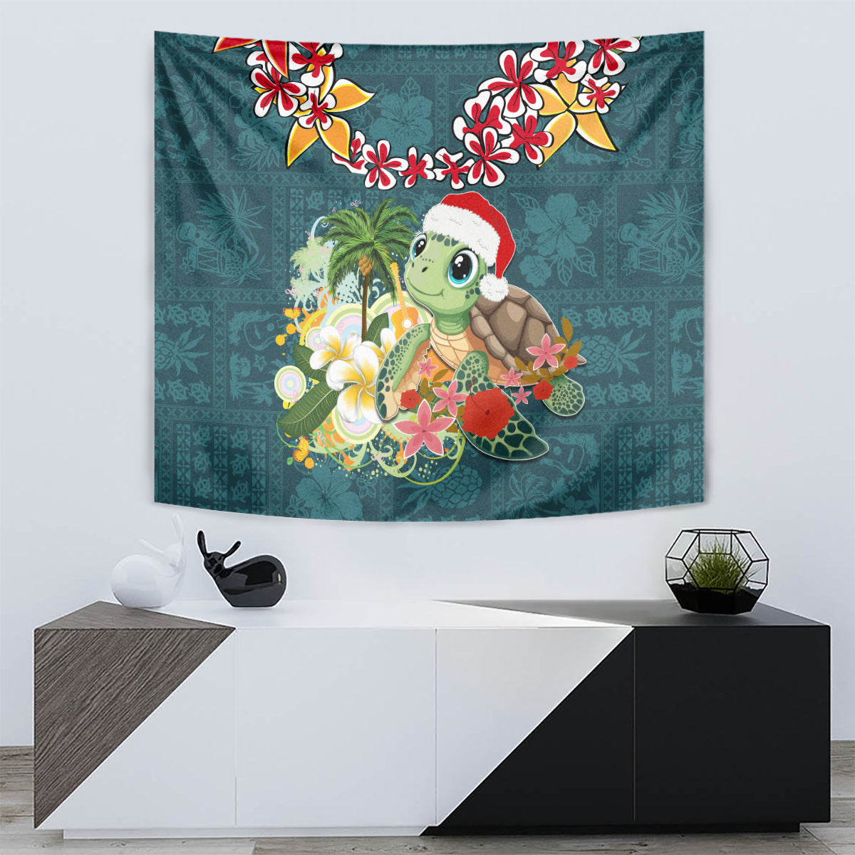 Hawaii Honu Mele Kalikimaka Tapestry Santa Tropical Flower Aloha Summer Turquoise Version LT03 - Polynesian Pride