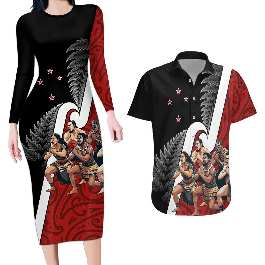 New Zealand Te Matatini Couples Matching Long Sleeve Bodycon Dress and Hawaiian Shirt Kapa Haka and Silver Fern - Maori Art Pattern