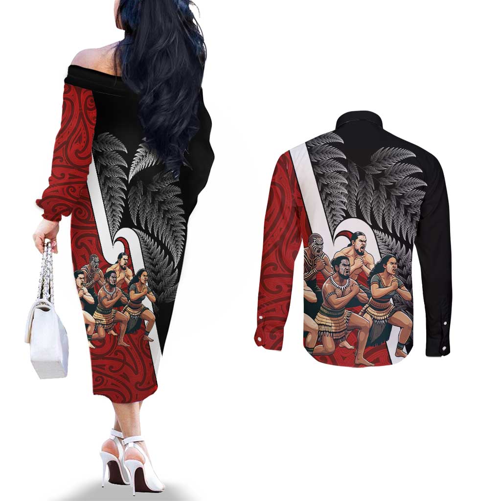 New Zealand Te Matatini Couples Matching Off The Shoulder Long Sleeve Dress and Long Sleeve Button Shirt Kapa Haka and Silver Fern - Maori Art Pattern