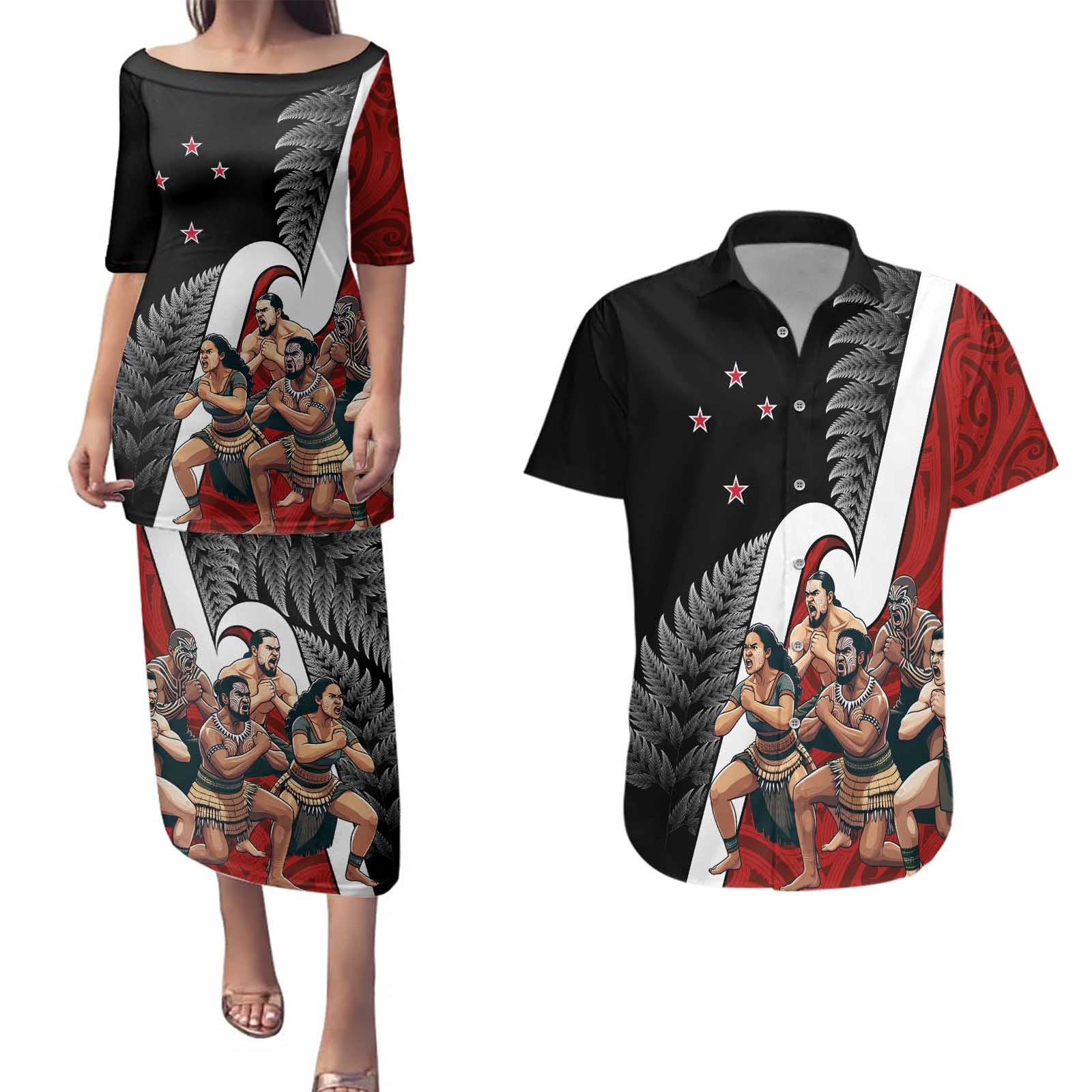 New Zealand Te Matatini Couples Matching Puletasi and Hawaiian Shirt Kapa Haka and Silver Fern - Maori Art Pattern