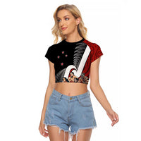 New Zealand Te Matatini Raglan Cropped T Shirt Kapa Haka and Silver Fern - Maori Art Pattern