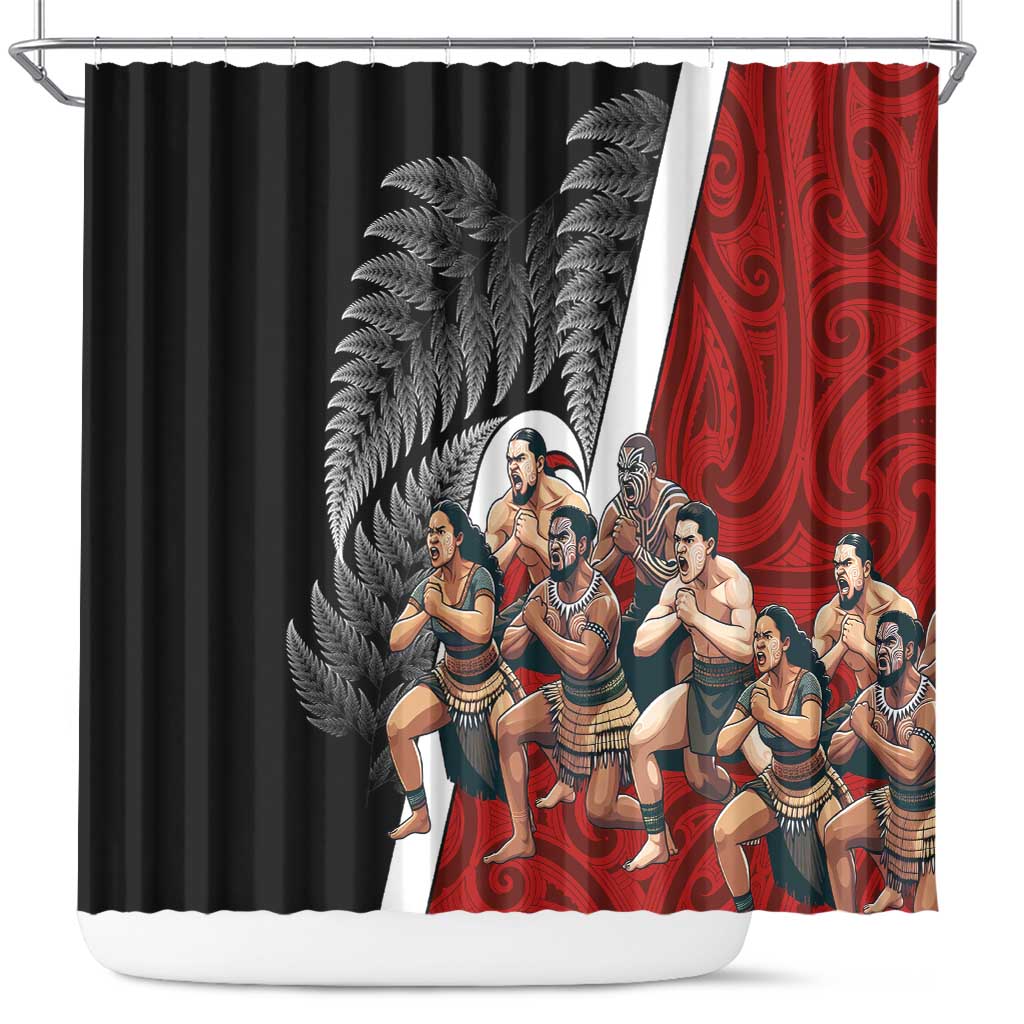 New Zealand Te Matatini Shower Curtain Kapa Haka and Silver Fern - Maori Art Pattern LT03 Black - Polynesian Pride
