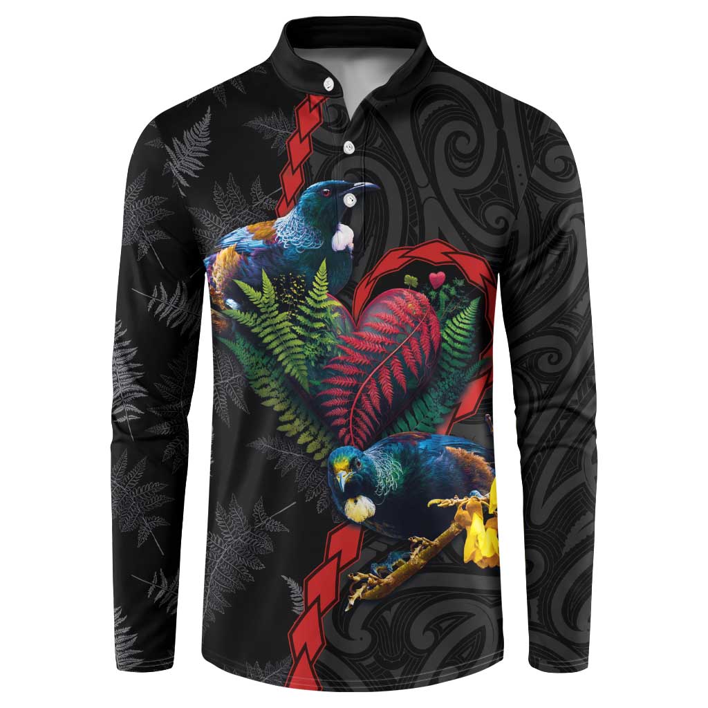 New Zealand Tui Birds Love Couple Button Sweatshirt The Heart of Silver Fern Leaves and Maori Tattoo Pattern