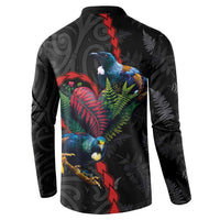 New Zealand Tui Birds Love Couple Button Sweatshirt The Heart of Silver Fern Leaves and Maori Tattoo Pattern