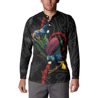 New Zealand Tui Birds Love Couple Button Sweatshirt The Heart of Silver Fern Leaves and Maori Tattoo Pattern