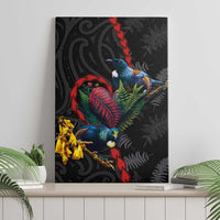 New Zealand Tui Birds Love Couple Canvas Wall Art The Heart of Silver Fern Leaves and Maori Tattoo Pattern