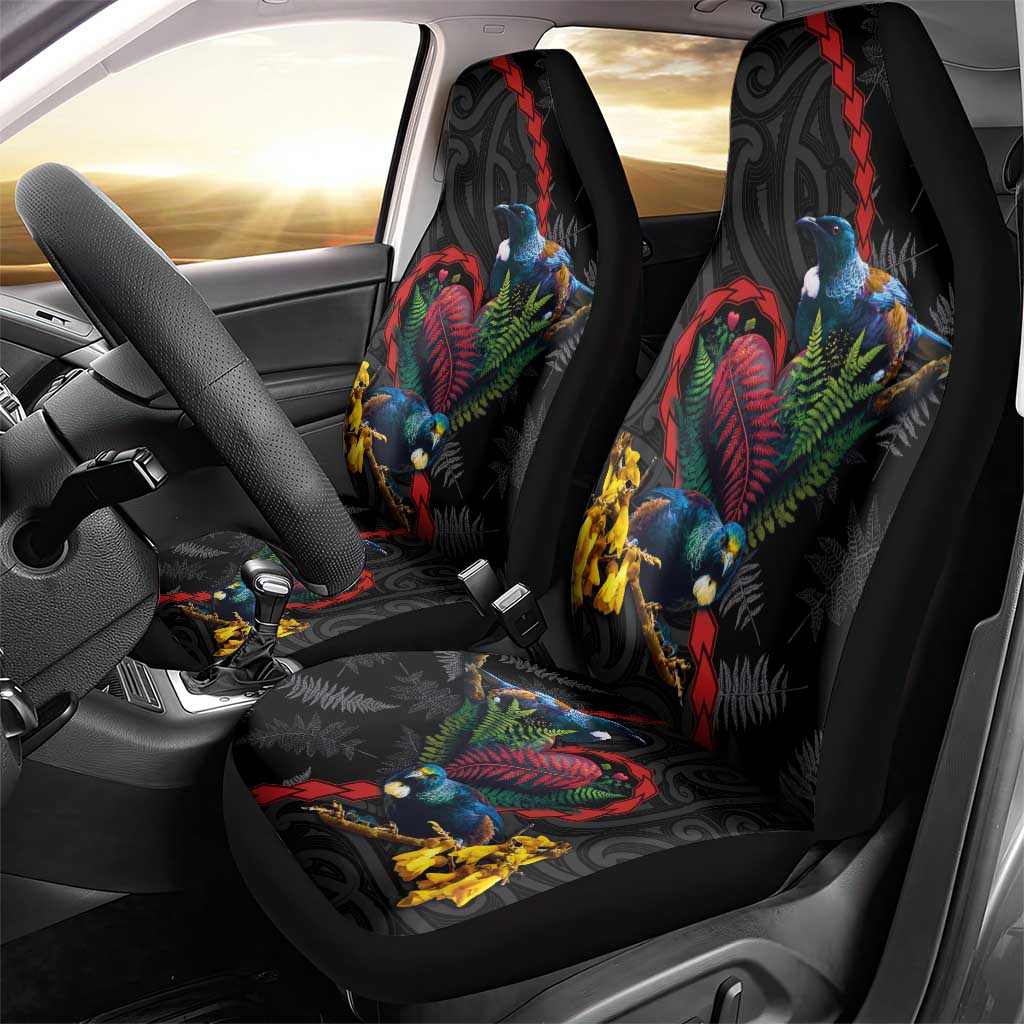 New Zealand Tui Birds Love Couple Car Seat Cover The Heart of Silver Fern Leaves and Maori Tattoo Pattern