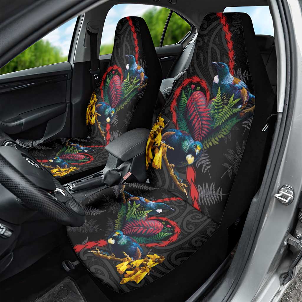New Zealand Tui Birds Love Couple Car Seat Cover The Heart of Silver Fern Leaves and Maori Tattoo Pattern
