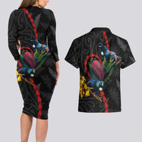 New Zealand Tui Birds Love Couple Couples Matching Long Sleeve Bodycon Dress and Hawaiian Shirt The Heart of Silver Fern Leaves and Maori Tattoo Pattern
