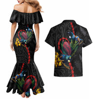 New Zealand Tui Birds Love Couple Couples Matching Mermaid Dress and Hawaiian Shirt The Heart of Silver Fern Leaves and Maori Tattoo Pattern