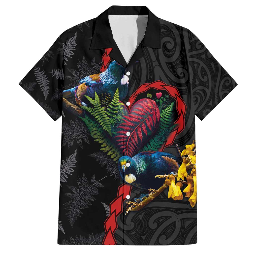 New Zealand Tui Birds Love Couple Family Matching Long Sleeve Bodycon Dress and Hawaiian Shirt The Heart of Silver Fern Leaves and Maori Tattoo Pattern