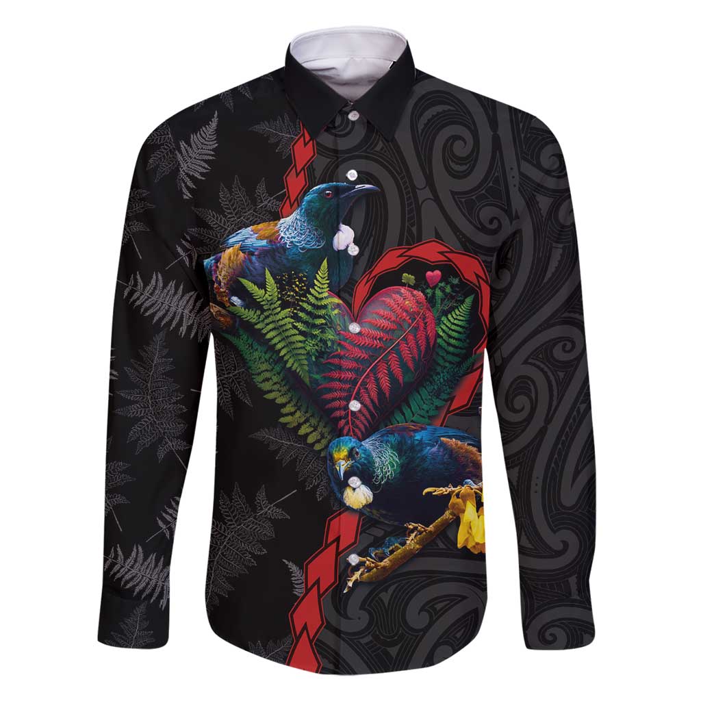 New Zealand Tui Birds Love Couple Family Matching Long Sleeve Bodycon Dress and Hawaiian Shirt The Heart of Silver Fern Leaves and Maori Tattoo Pattern
