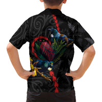 New Zealand Tui Birds Love Couple Family Matching Off Shoulder Short Dress and Hawaiian Shirt The Heart of Silver Fern Leaves and Maori Tattoo Pattern