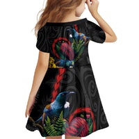 New Zealand Tui Birds Love Couple Family Matching Tank Maxi Dress and Hawaiian Shirt The Heart of Silver Fern Leaves and Maori Tattoo Pattern