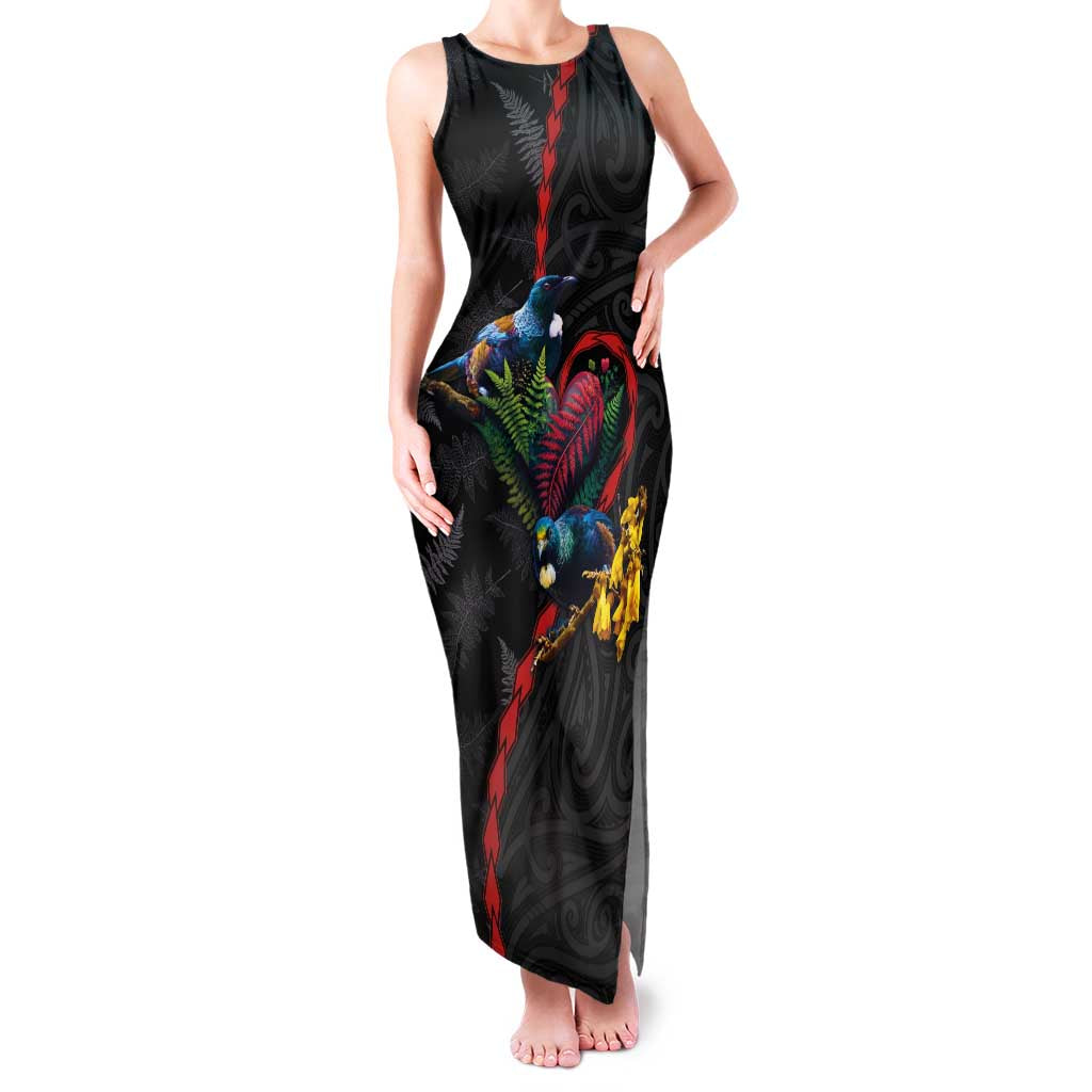 New Zealand Tui Birds Love Couple Family Matching Tank Maxi Dress and Hawaiian Shirt The Heart of Silver Fern Leaves and Maori Tattoo Pattern
