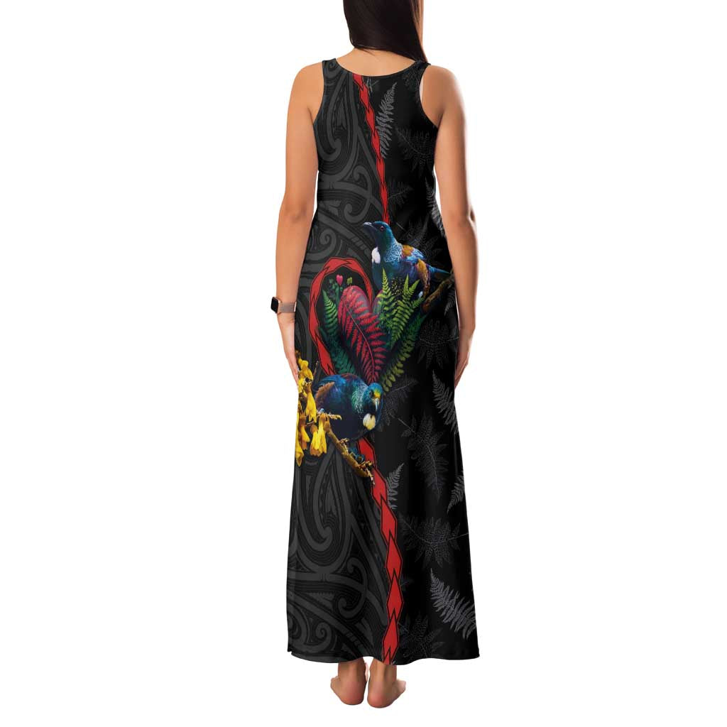 New Zealand Tui Birds Love Couple Family Matching Tank Maxi Dress and Hawaiian Shirt The Heart of Silver Fern Leaves and Maori Tattoo Pattern