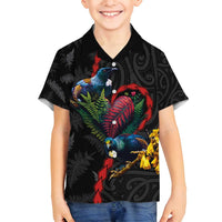 New Zealand Tui Birds Love Couple Family Matching Tank Maxi Dress and Hawaiian Shirt The Heart of Silver Fern Leaves and Maori Tattoo Pattern