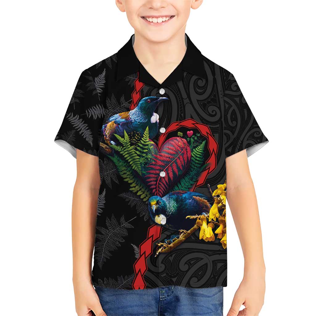 New Zealand Tui Birds Love Couple Hawaiian Shirt The Heart of Silver Fern Leaves and Maori Tattoo Pattern