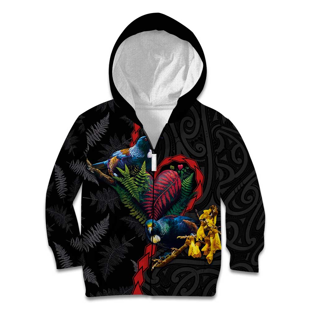 New Zealand Tui Birds Love Couple Kid Hoodie The Heart of Silver Fern Leaves and Maori Tattoo Pattern