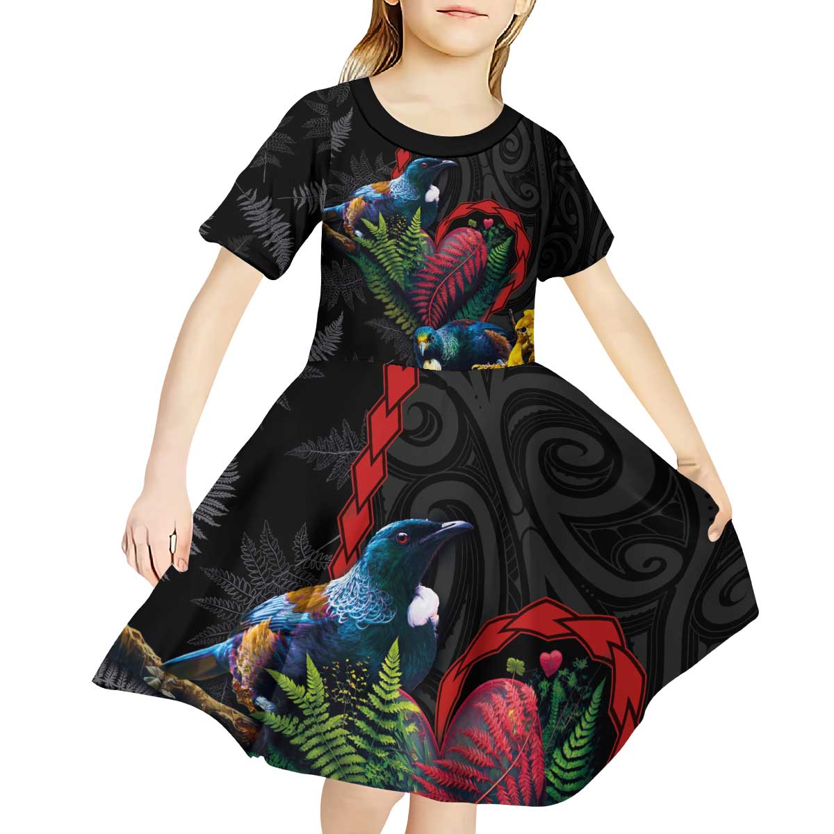 New Zealand Tui Birds Love Couple Kid Short Sleeve Dress The Heart of Silver Fern Leaves and Maori Tattoo Pattern