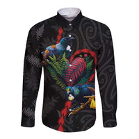 New Zealand Tui Birds Love Couple Long Sleeve Button Shirt The Heart of Silver Fern Leaves and Maori Tattoo Pattern