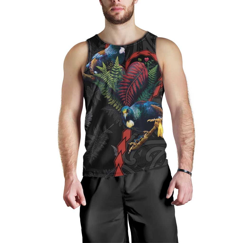 New Zealand Tui Birds Love Couple Men Tank Top The Heart of Silver Fern Leaves and Maori Tattoo Pattern