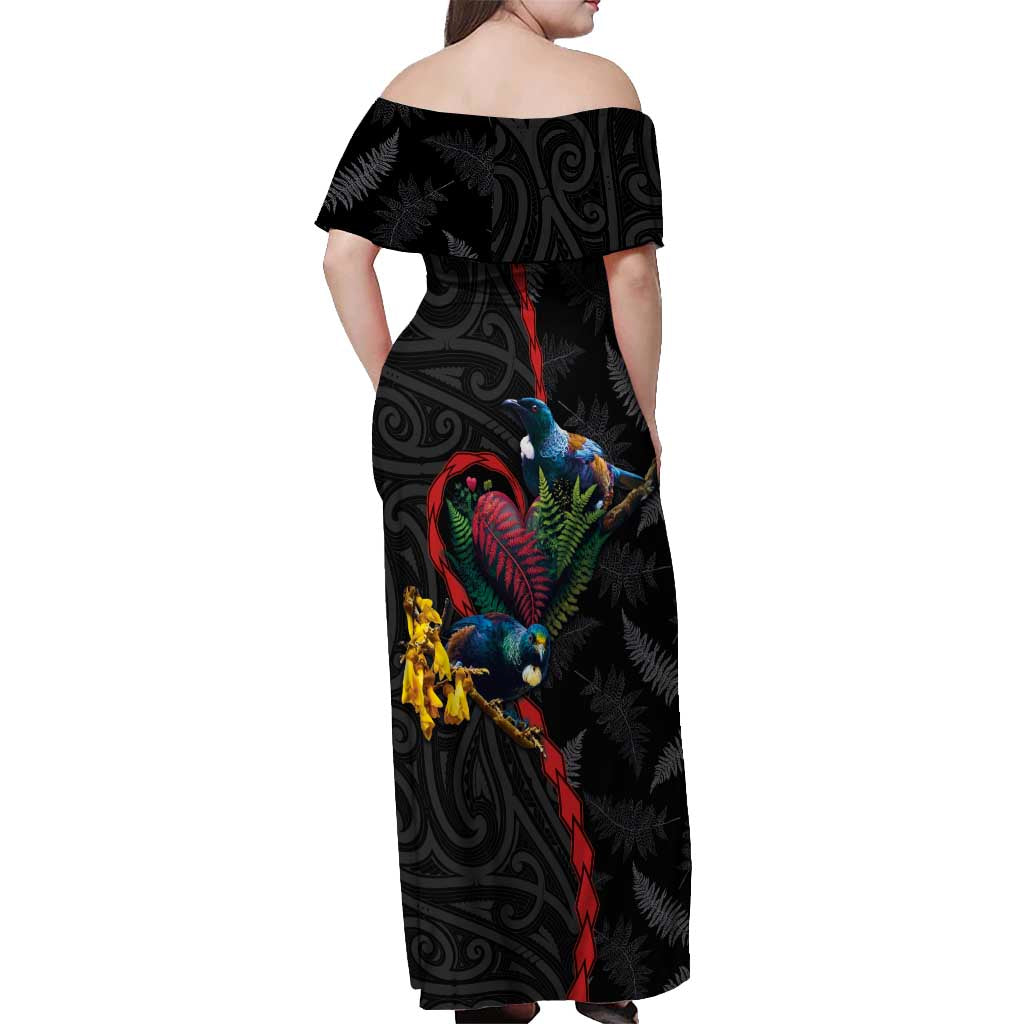 New Zealand Tui Birds Love Couple Off Shoulder Maxi Dress The Heart of Silver Fern Leaves and Maori Tattoo Pattern