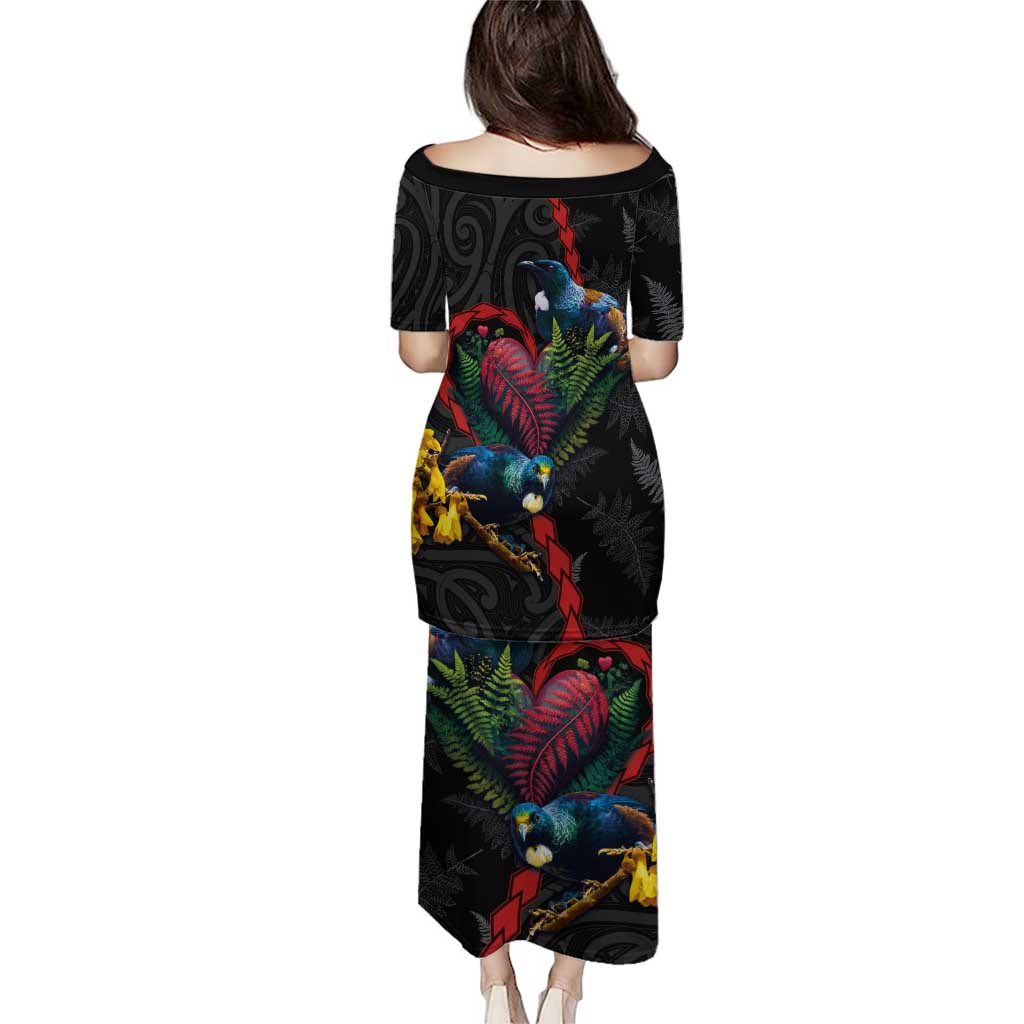 New Zealand Tui Birds Love Couple Puletasi The Heart of Silver Fern Leaves and Maori Tattoo Pattern